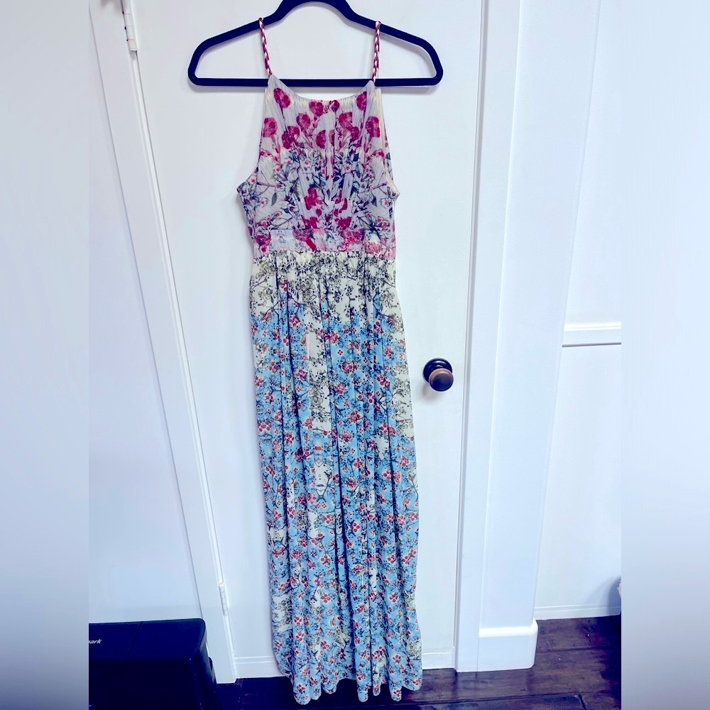 Floral Maxi Dress with Red and Blue Accents